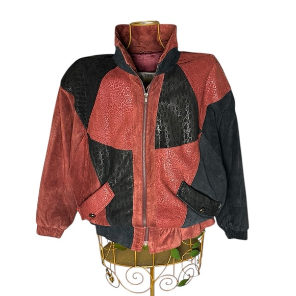 Towne by London Fog Vintage Paisley Print Patchwork Leather Bomber Jacket S Reg - Picture 1 of 13